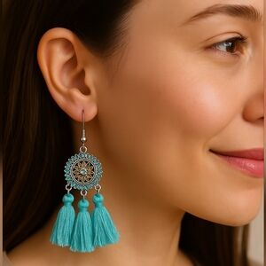 western Barbiecore Turquoise Tribal Tassel‎ Dangling Earrings